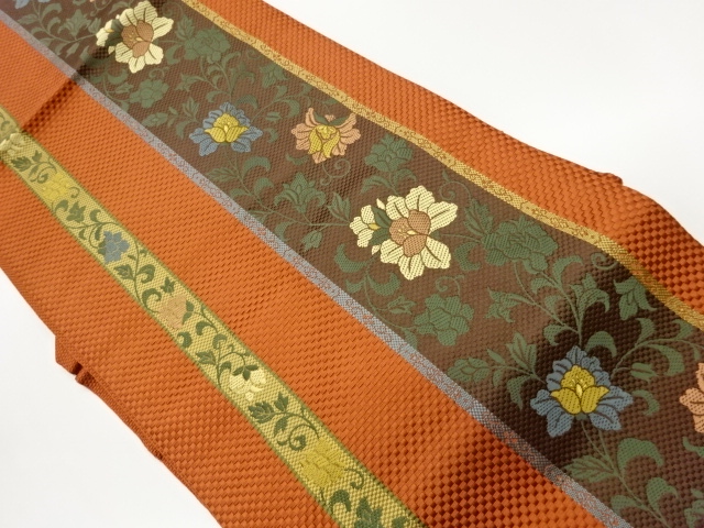 本場筑前博多縞に花唐草模様織出し名古屋帯